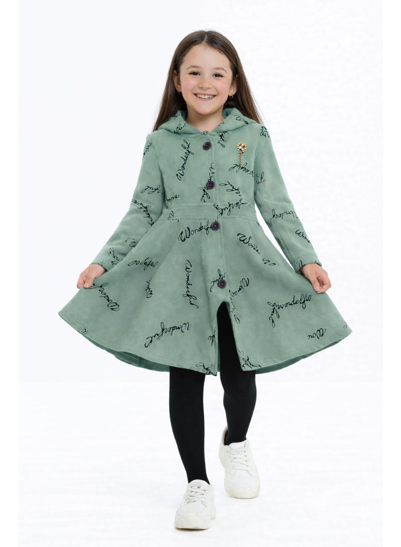 JZRA Girls Green Hooded Flared Coat with Script Print - Image 3